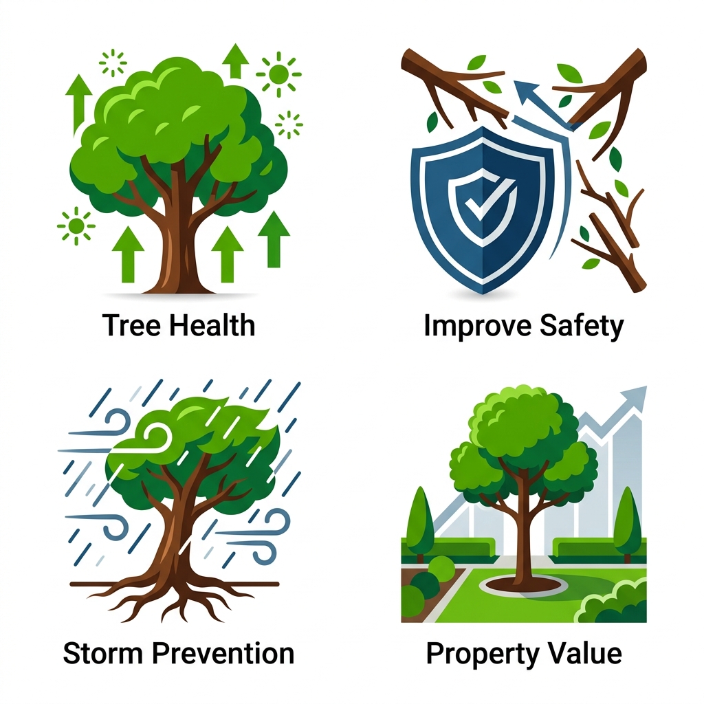 Tree Trimming Shreveport La 2 2x2 icon grid depicting benefits of professional tree trimming: tree health, safety, storm prevention, and property value enhancement
