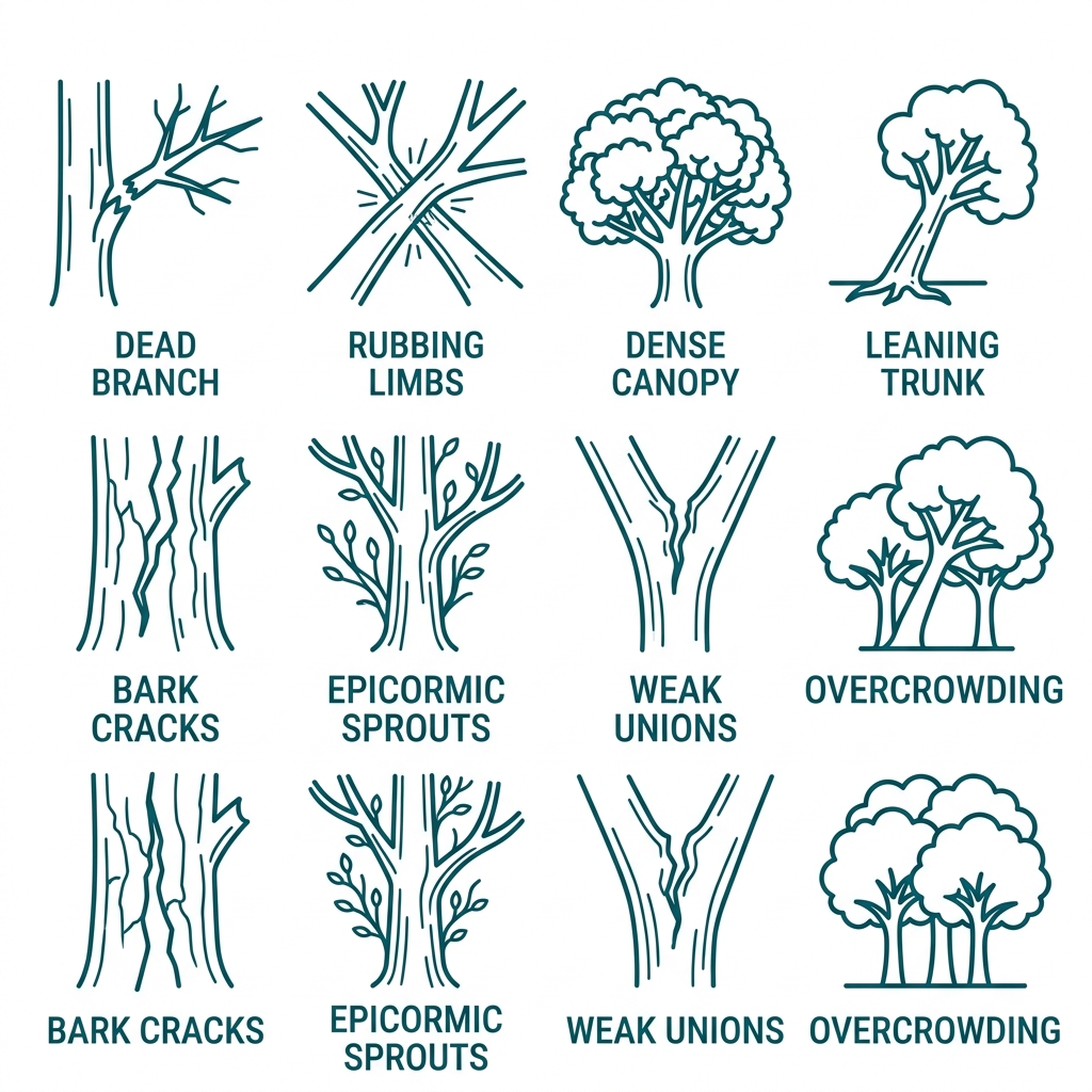 Shreveport Tree Trimming 2 2x4 grid of teal outline icons showing signs trees need trimming: dead branch, rubbing limbs, dense canopy, leaning trunk, bark cracks, epicormic sprouts, weak unions, overcrowding with short labels.