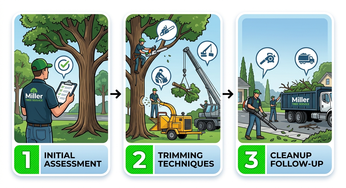 Shreveport Tree Trimming 1 Horizontal process flow diagram illustrating three stages of professional tree trimming: initial assessment planning trimming techniques tools and cleanup follow-up.