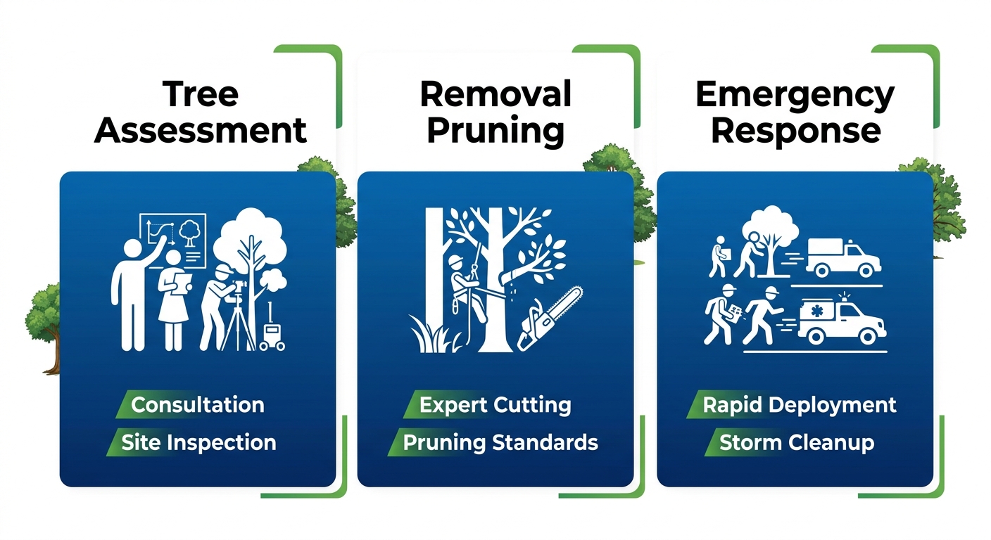 Horizontal process flow diagram of three tree service stages in Shreveport: assessment, removal and pruning, emergency response with icons and arrows