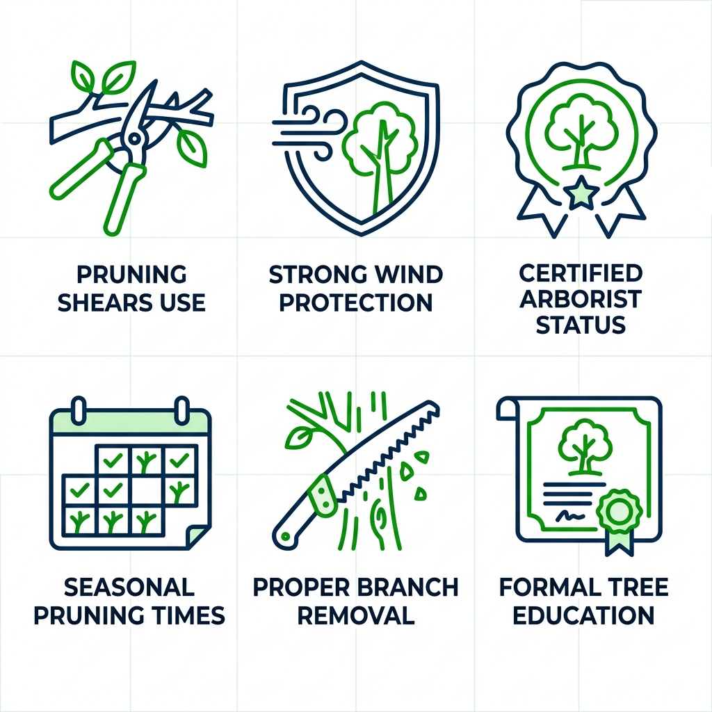 2x3 grid of simple line art icons for tree maintenance best practices: pruning shears, storm shield, provider badge, calendar, saw, and diploma.