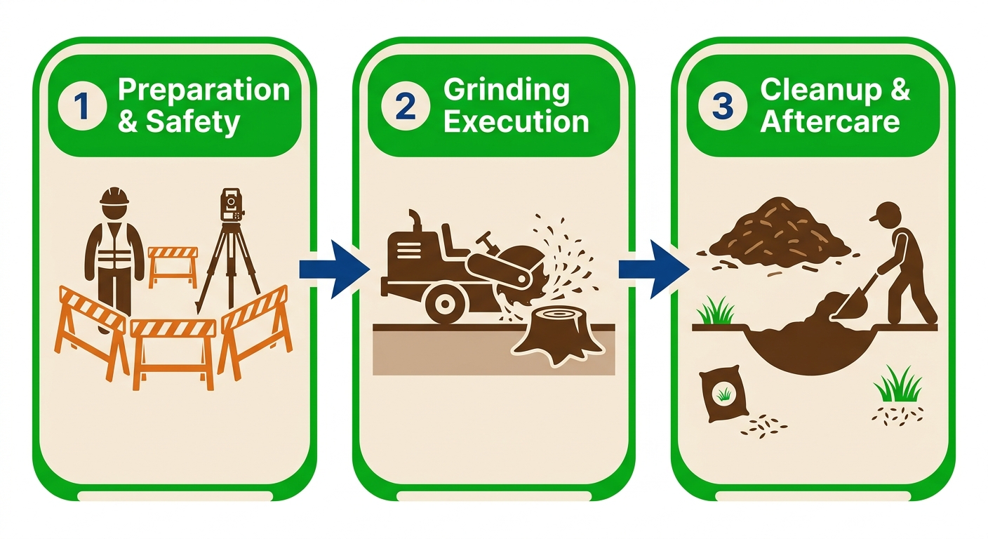 Horizontal process flow diagram of professional stump grinding stages: preparation, execution, and cleanup with safety and equipment icons.