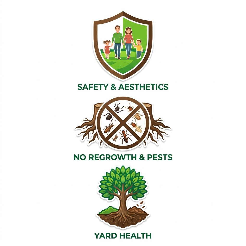 Vertical stack of three modern icons showing stump grinding benefits: safety and aesthetics, preventing regrowth and pests, long-term yard health.
