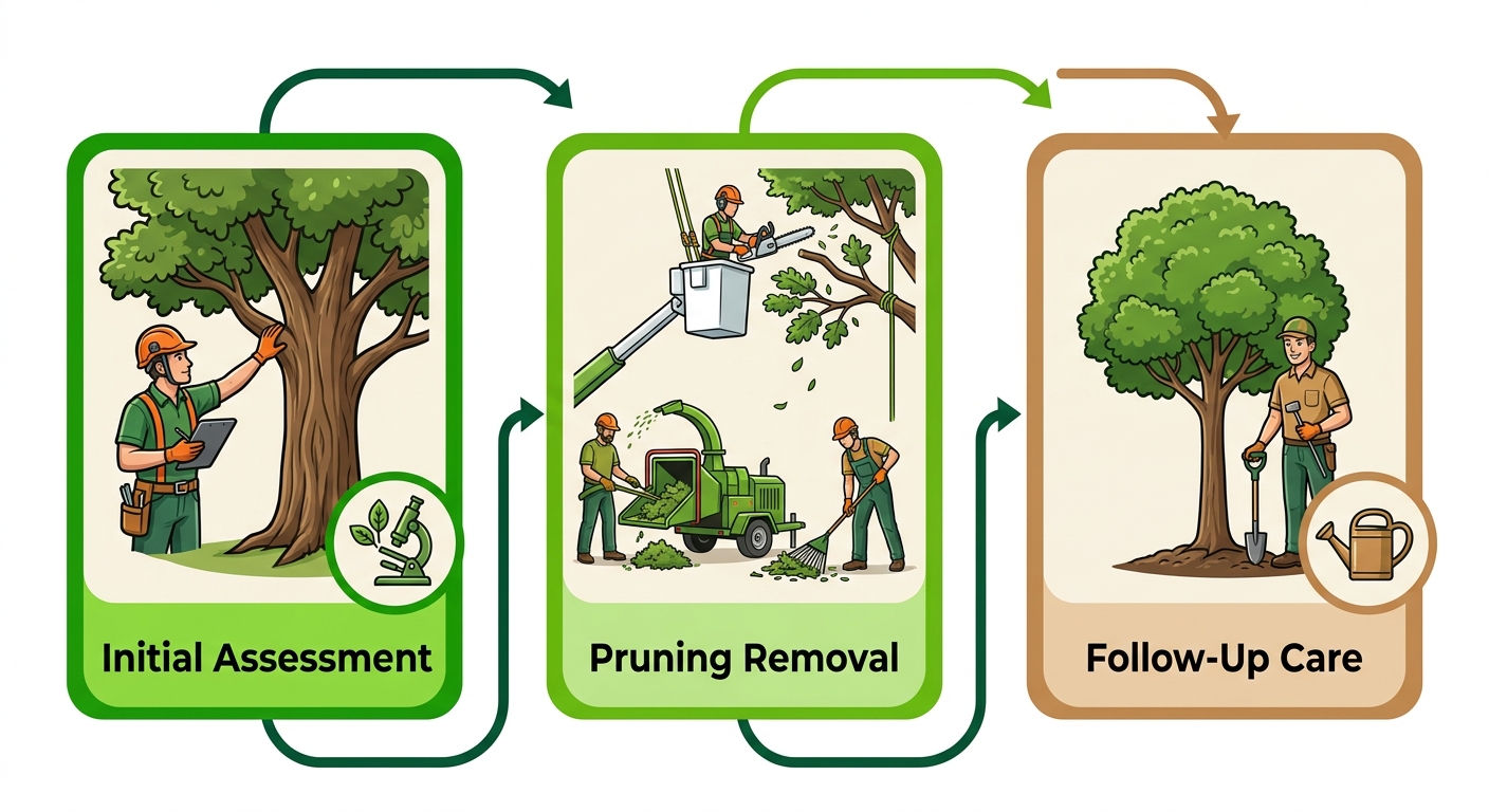 Horizontal process flow diagram showing three stages of professional tree care: initial assessment, pruning and removal, follow-up care in green earth tones.