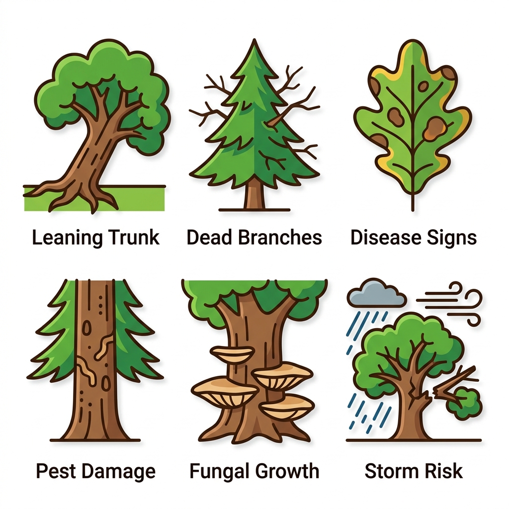 Cuadrícula cuadrada de seis iconos ilustrando problemas comunes de salud de árboles: tronco inclinado, ramas muertas, síntomas de enfermedad, daño por plagas, crecimiento fúngico y vulnerabilidad a tormentas.