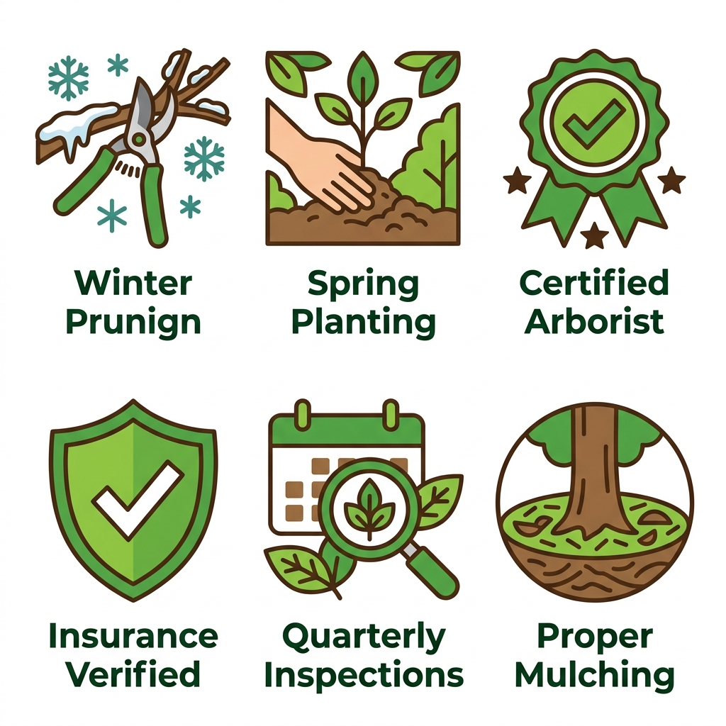 Shreveport Arborist Services 2 Square 2x3 grid of six icons showing tree care best practices: winter pruning, spring planting, certification check, insurance verification, quarterly inspections, proper mulching.