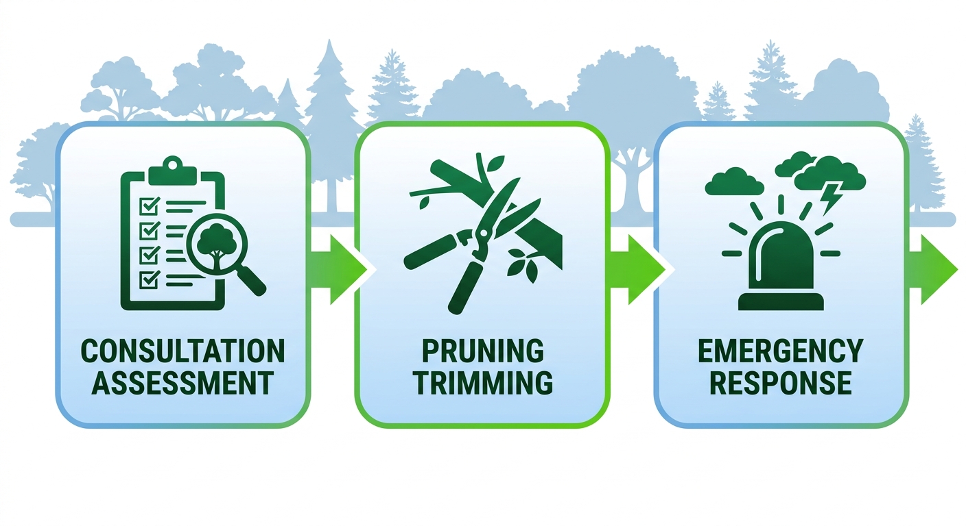 Shreveport Arborist Services 1 Horizontal process flow diagram of arborist services stages: consultation assessment, pruning trimming, emergency response with icons and arrows.