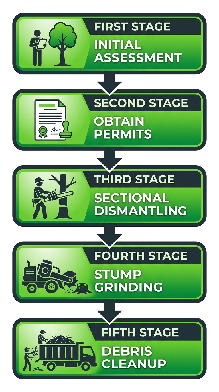 Tree Service Bossier City 2 Vertical process flow diagram of 5 key tree service steps in Bossier City: assessment, permits, dismantling, grinding, and cleanup with icons.