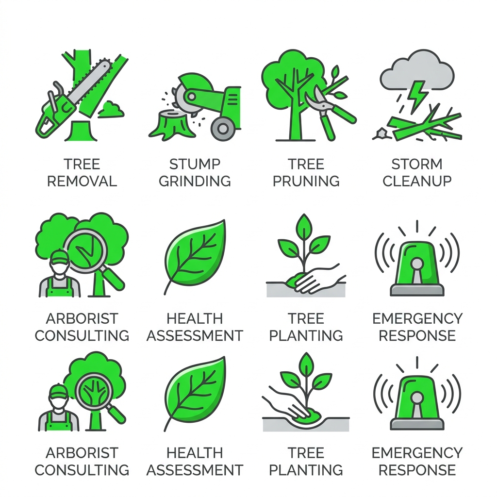 Tree Service Bossier City 1 2x4 grid of modern outline icons for tree care services: tree removal, stump grinding, pruning, storm cleanup, arborist consulting, health assessment, planting, emergency response.