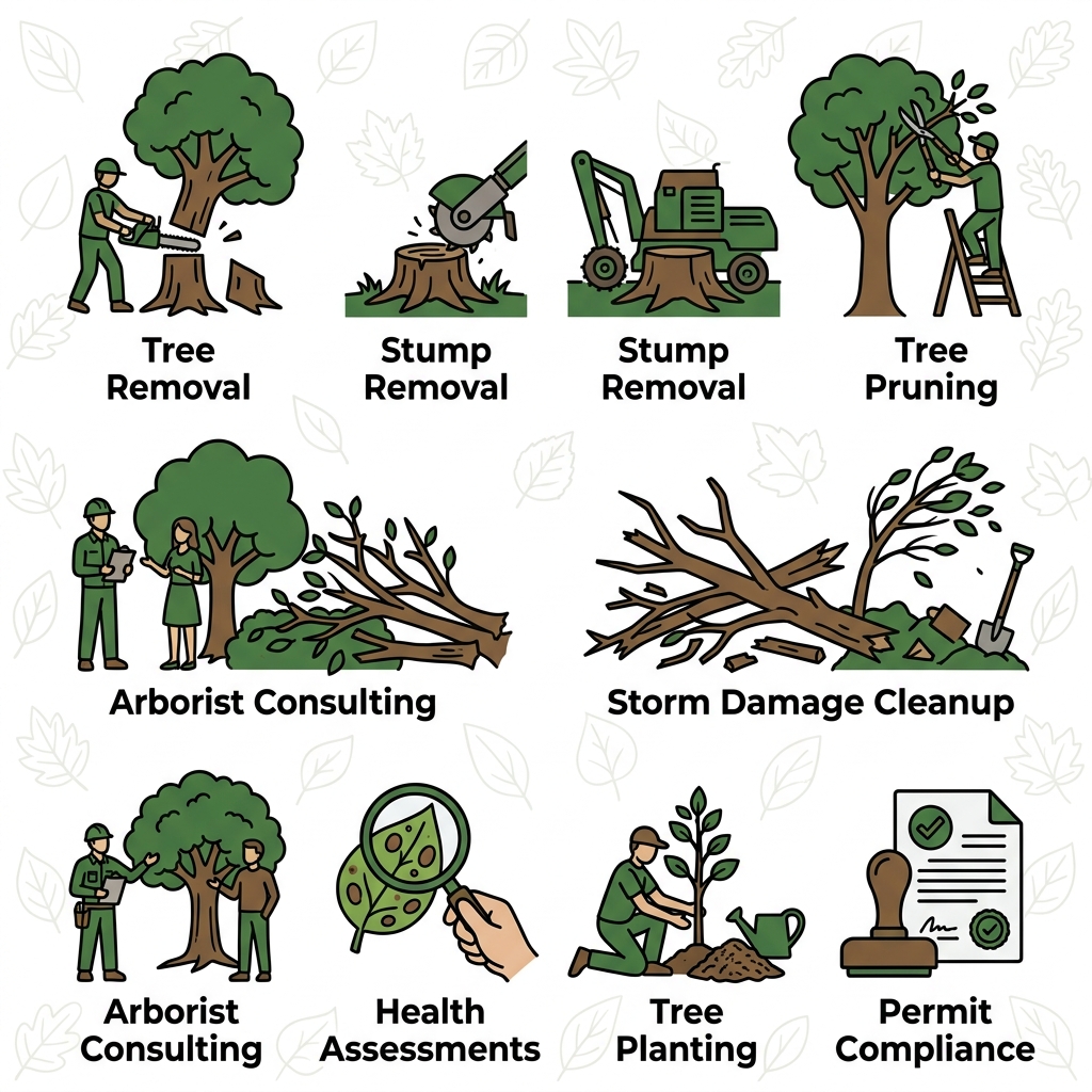 Tree Service Company Shreveport 2 2x4 icon grid of Shreveport tree services: removal, stump grinding, pruning, storm cleanup, arborist consulting, health checks, planting, permits.