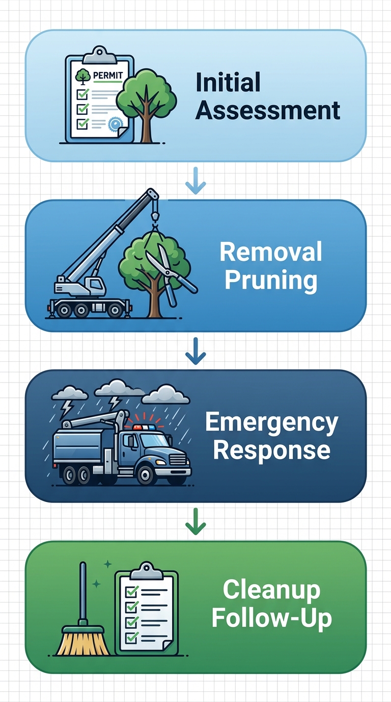 Tree Service Company Shreveport 1 Vertical process flow diagram of four stages in professional tree services: assessment, removal pruning, emergency response, and cleanup in Shreveport.
