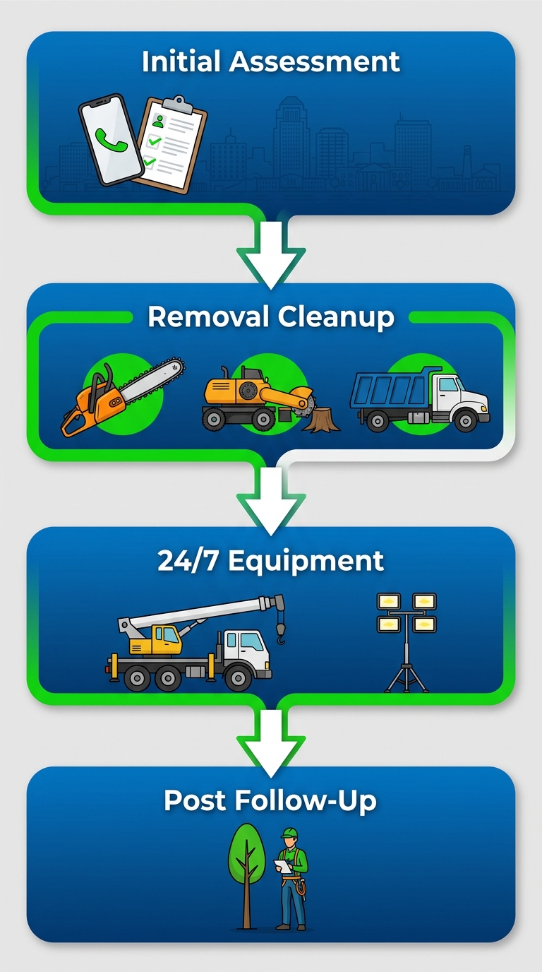 Emergency Tree Services Shreveport La 1 Vertical process flow diagram showing four stages of emergency tree services in Shreveport: initial assessment, removal and cleanup, equipment and 24/7 capabilities, post-service follow-up.
