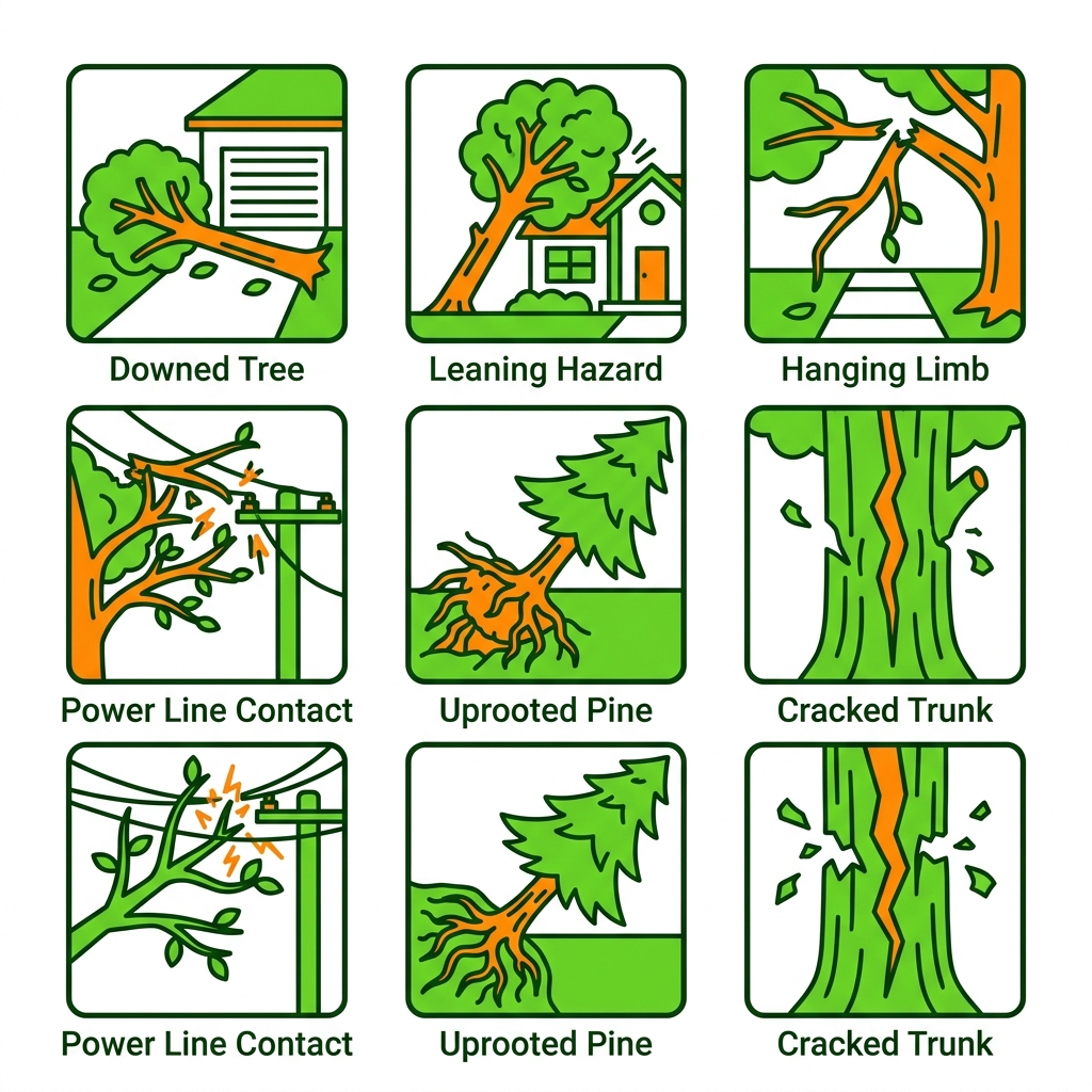 Emergency Tree Services Shreveport La 2 2x3 grid of illustrative icons depicting emergency tree situations: downed tree, leaning hazard, hanging limb, power line contact, uprooted pine, cracked trunk with short labels.