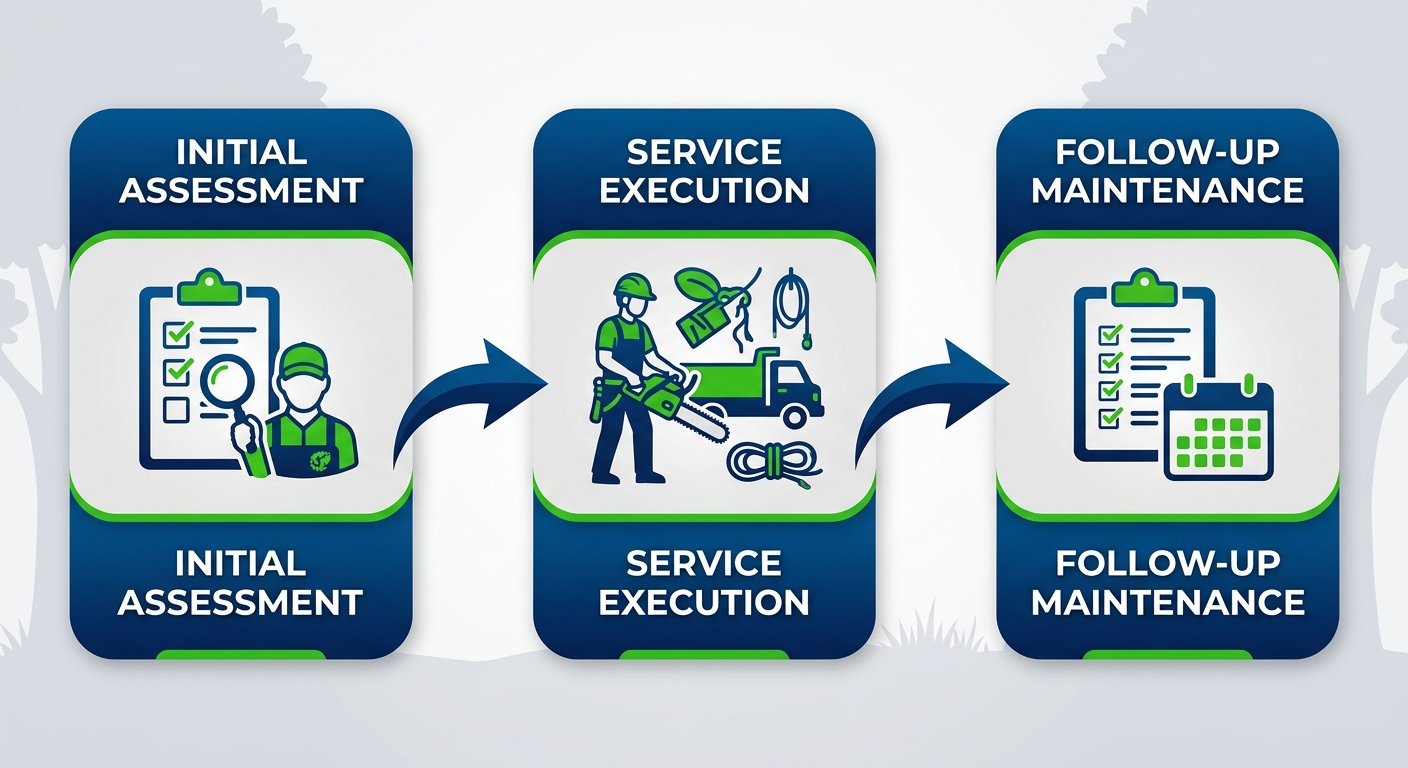 Tree Care Bossier City 1 Horizontal process flow diagram of three key stages in professional tree care services: assessment, execution, and follow-up.