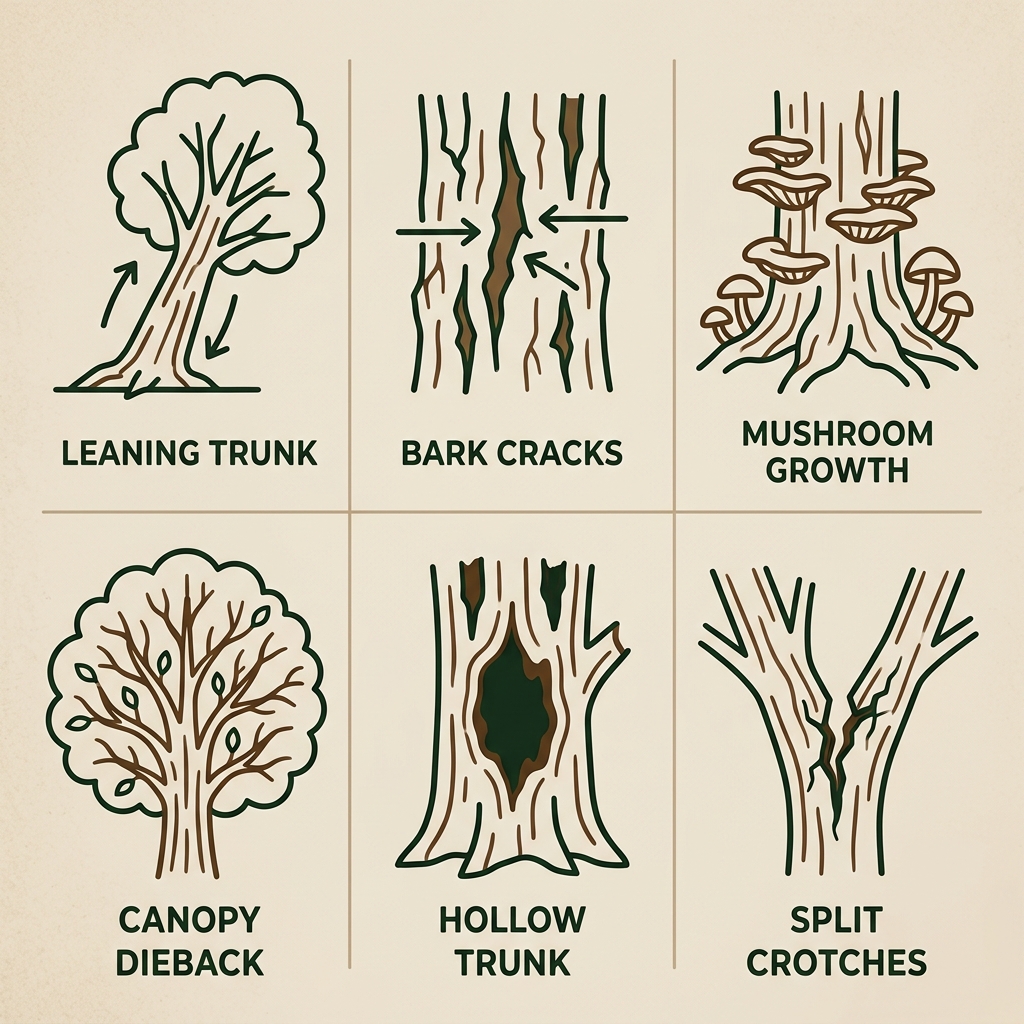 Tree Care Bossier City 2 Square grid of icons illustrating common signs that trees need professional care like leaning trunks and bark cracks