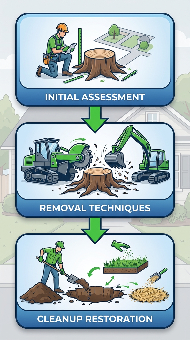 Vertical process flow diagram of professional stump removal in three stages: assessment, removal with equipment, and site cleanup for Shreveport properties