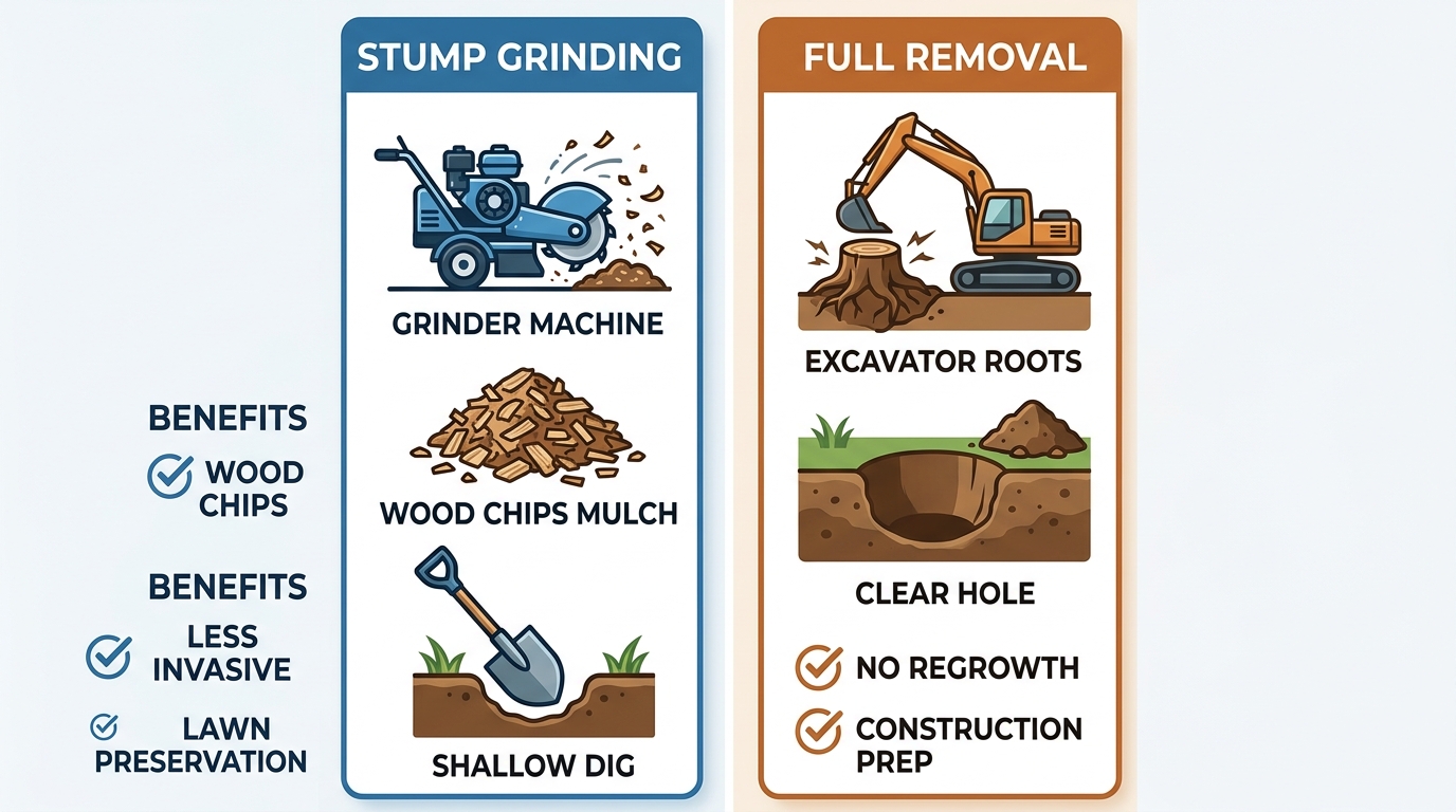 Infographic comparing stump grinding and full removal methods, showing equipment, processes, and benefits for each.