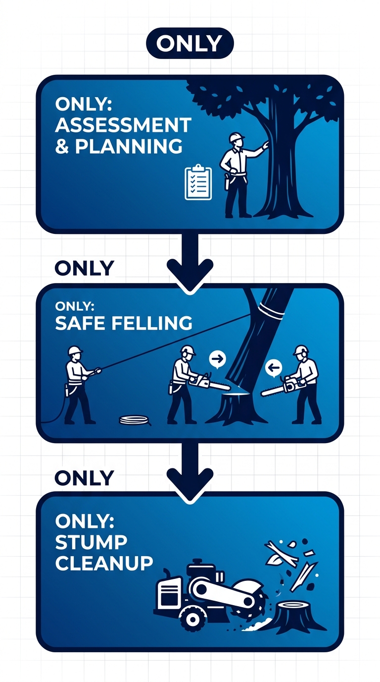 Diagram showing three stages of tree removal process: assessment and planning, safe felling techniques, stump removal and cleanup.