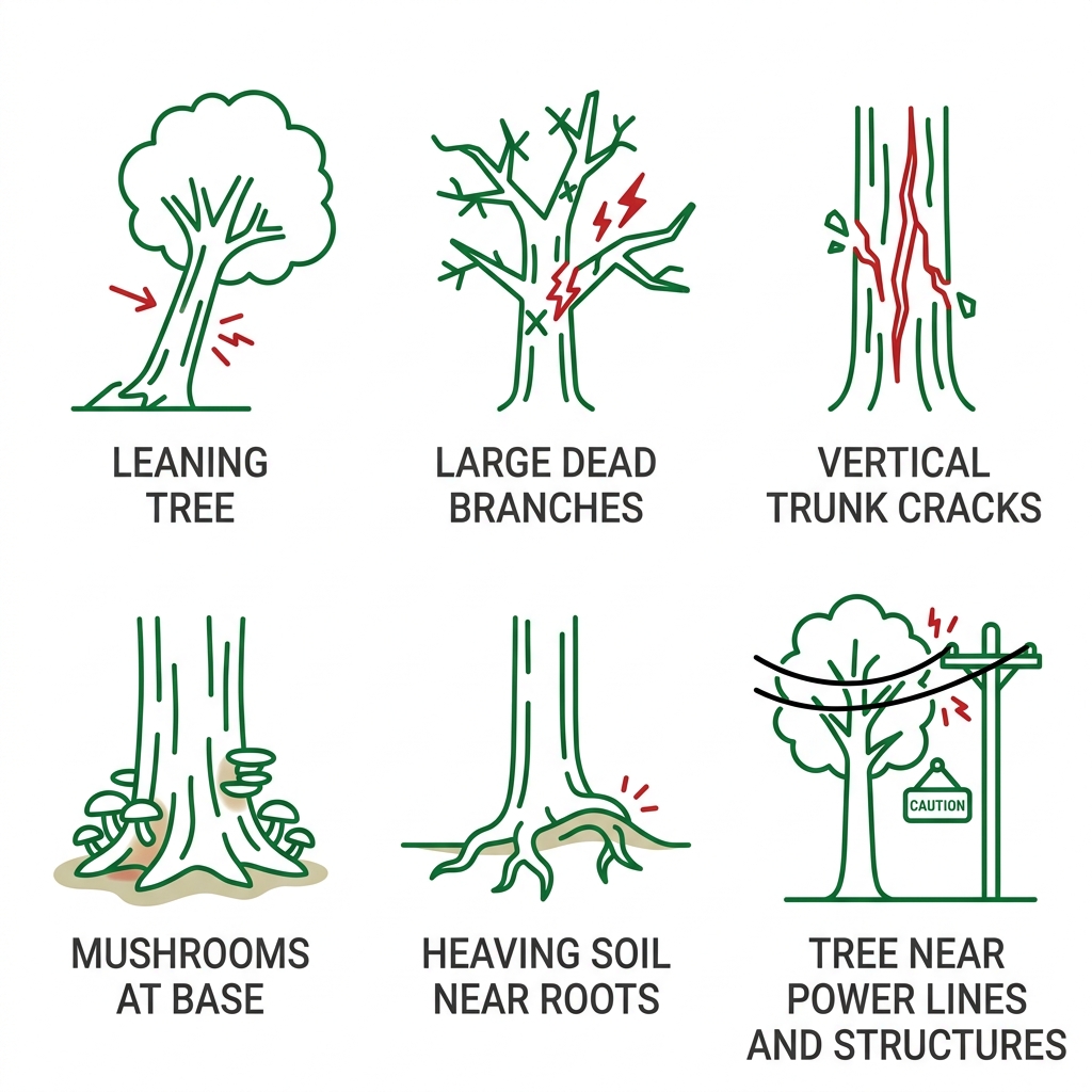 2x3 grid of outline icons depicting common tree hazards indicating removal needs: leaning tree, dead branches, trunk cracks, base mushrooms, heaving soil, proximity to structures.