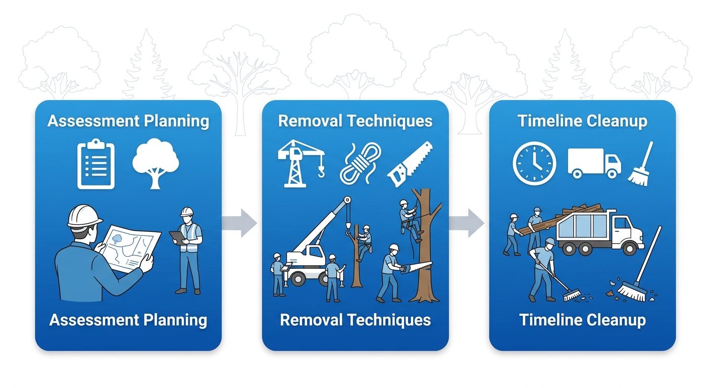 Horizontal process flow diagram illustrating tree removal stages: assessment and planning, removal techniques and equipment, timeline and cleanup in Bossier City