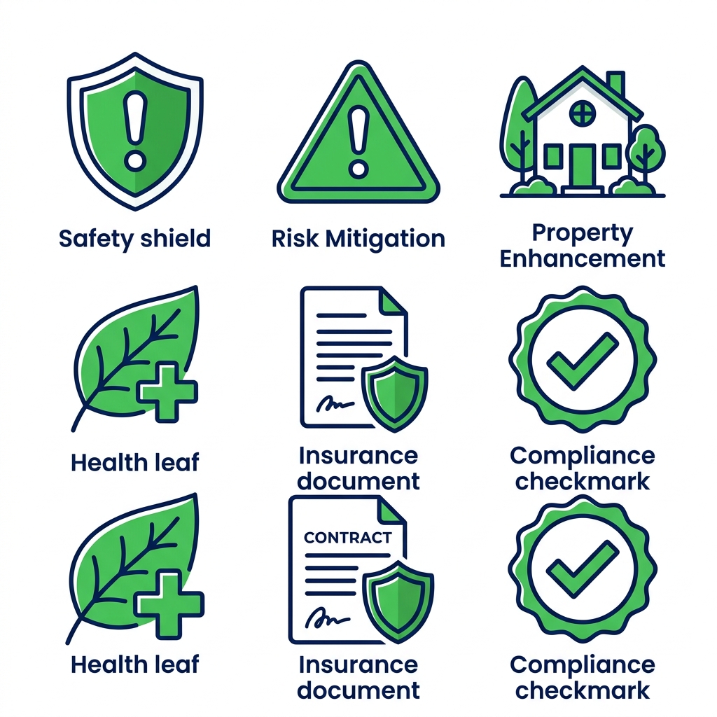 Square grid of 6 icons illustrating professional tree removal benefits: safety, risk mitigation, property enhancement, health, insurance, compliance.