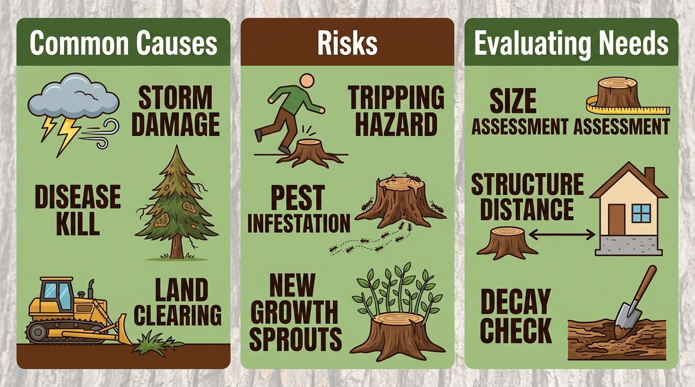 Infographic illustrating tree stump causes like storms and disease, risks such as tripping and pests, and evaluation methods in Bossier City