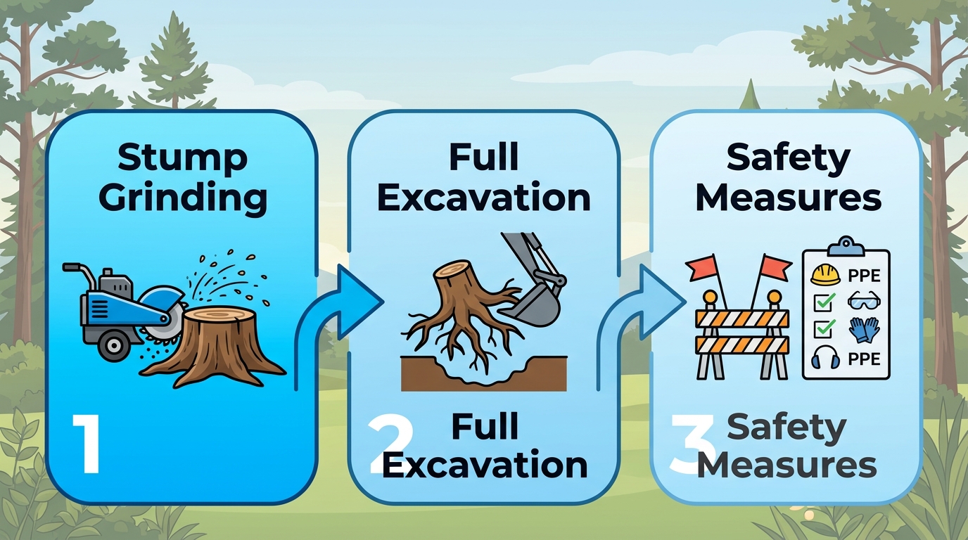 Horizontal process flow diagram of stump removal in Bossier City with three stages: grinding, excavation, and safety measures.