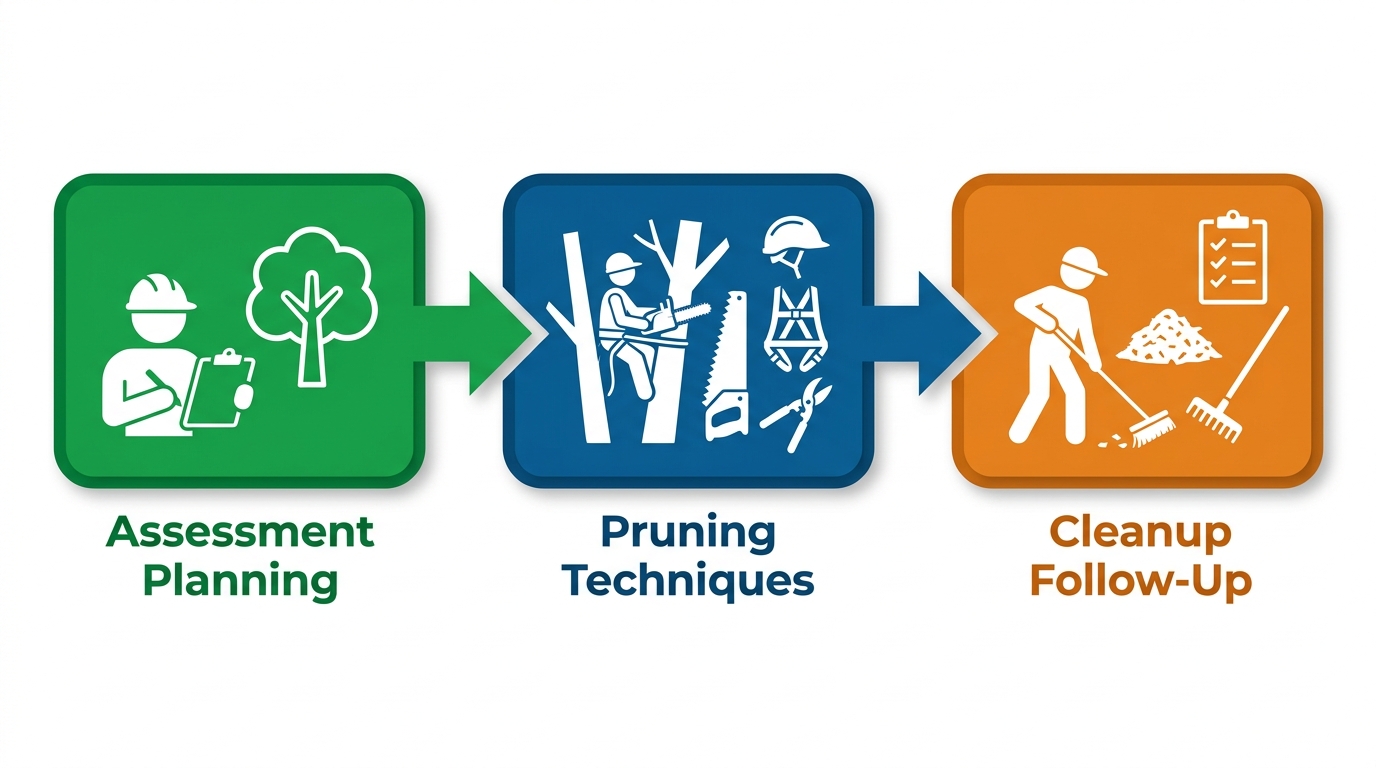 Tree Pruning Bossier City 1 Horizontal process flow diagram illustrating three stages of professional tree pruning: assessment and planning, pruning techniques and tools, cleanup and follow-up with icons and safety gear.