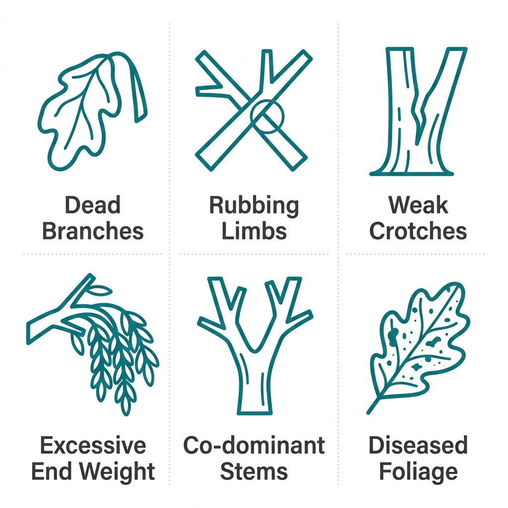 Tree Pruning Bossier City 2 Grid of six outline icons showing common tree pruning need signs like dead branches, rubbing limbs, and diseased foliage.