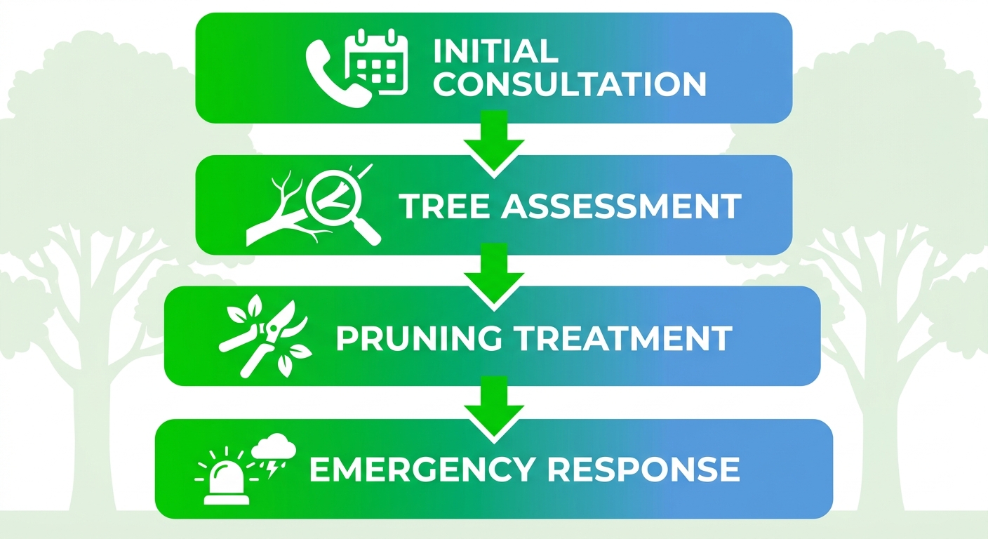Arborist Bossier City La 1 Vertical process flow diagram of arborist services: consultation, tree assessment, pruning treatment, and emergency response in Bossier City.