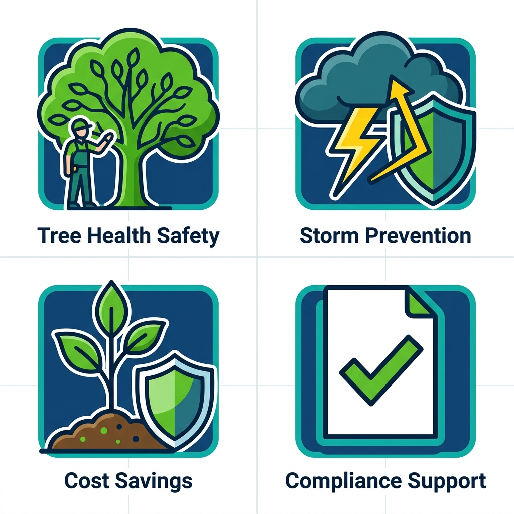Arborist Bossier City La 2 2x2 grid of flat icons showing arborist benefits: tree health and safety, storm damage prevention, cost savings through prevention, insurance and compliance support.