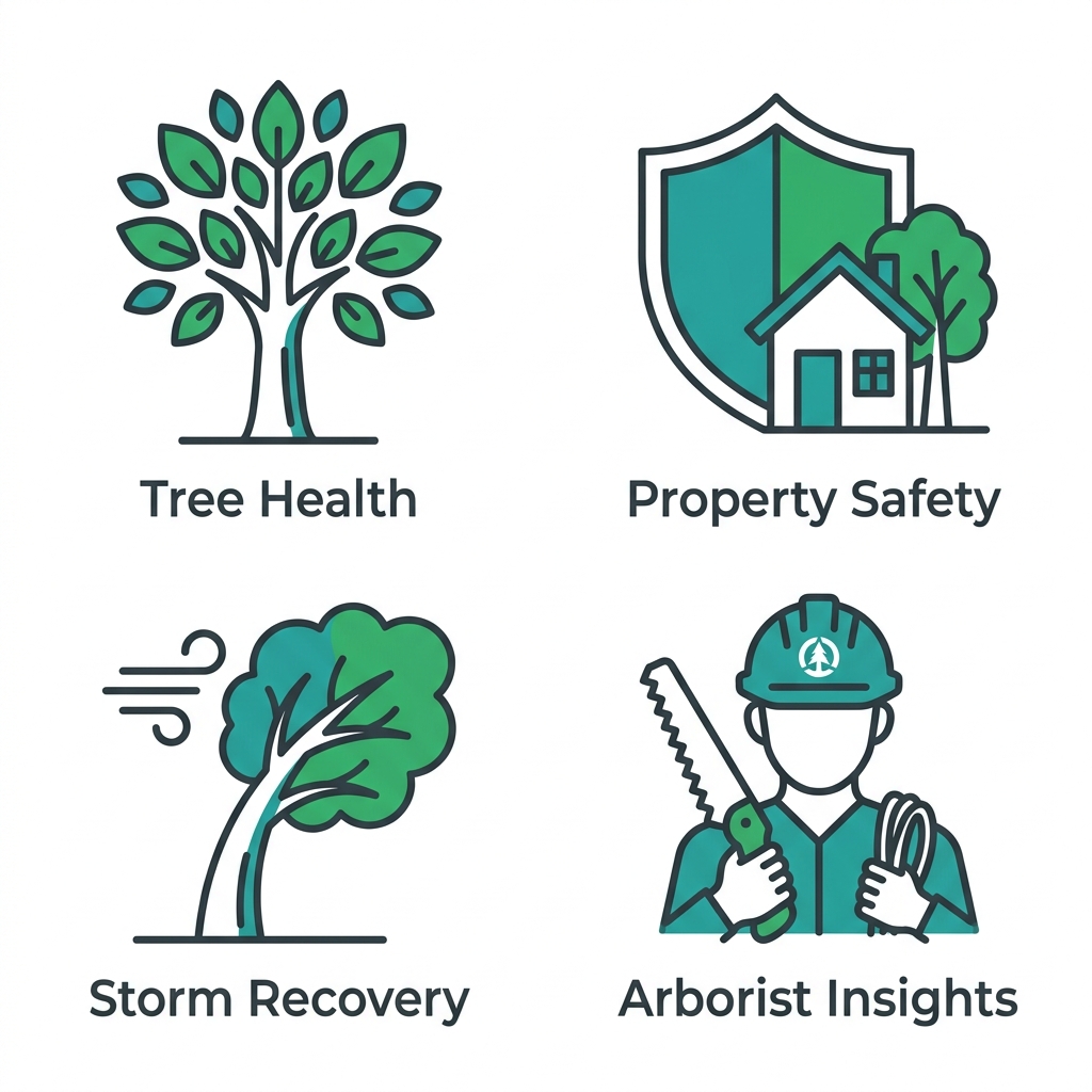 2x2 grid of modern outline icons depicting tree health, property safety, storm preparedness, and arborist expertise for professional tree services