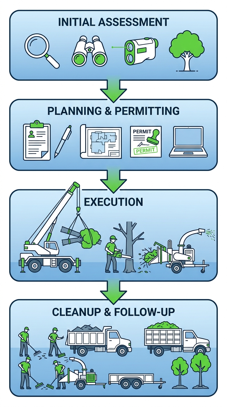 Vertical process flow diagram illustrating four stages of professional tree services: initial assessment, planning and permitting, execution with equipment, and cleanup with follow-up.