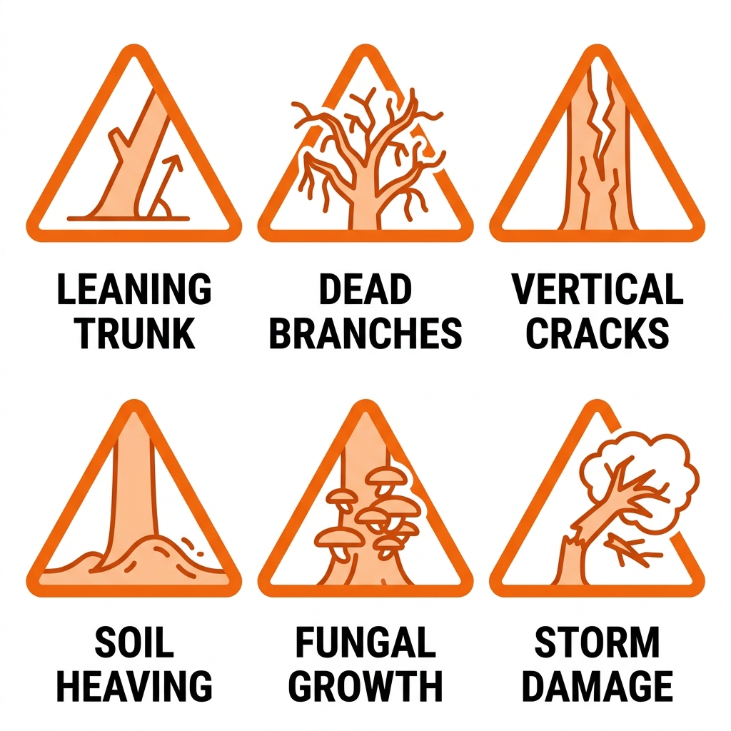 Square grid of six tree hazard icons: leaning trunk, dead branches, vertical cracks, soil heaving, fungal growth, and storm damage, with warning accents and labels.