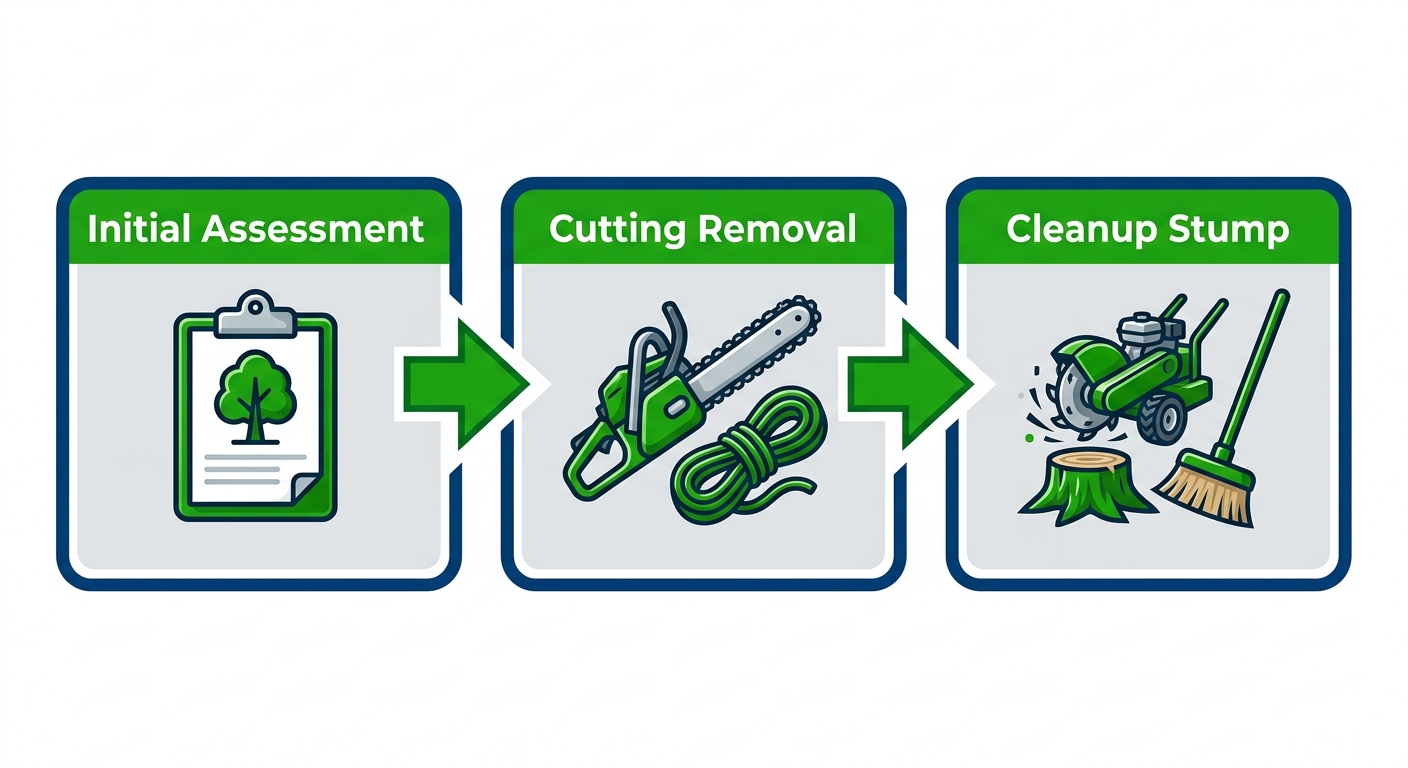 Horizontal process flow diagram of professional tree cutting stages: initial assessment, cutting and removal, cleanup and stump handling in Minden, Louisiana