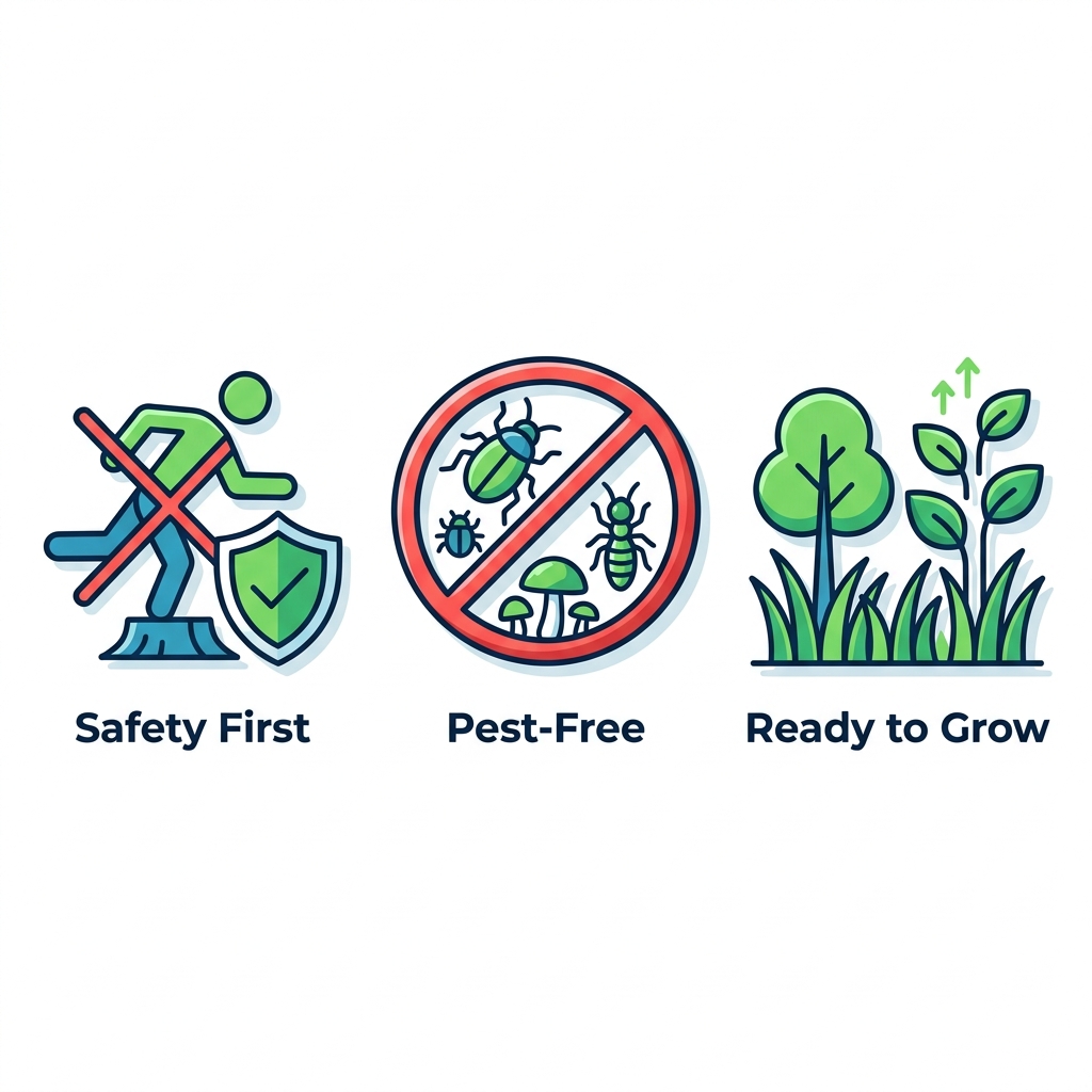 Stump Removal Service Bossier City 2 Horizontal grid of three icons depicting safety, pest prevention, and landscaping benefits of professional stump removal