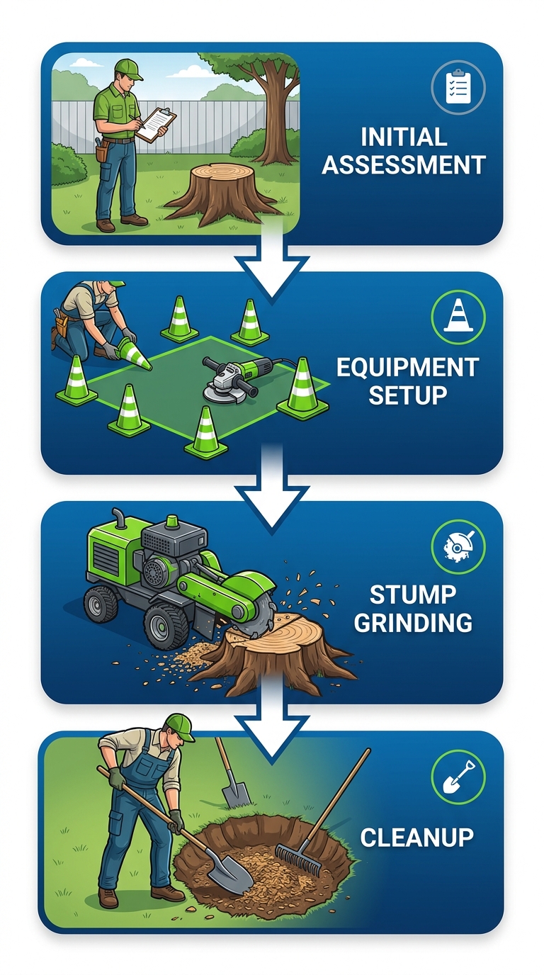 Stump Removal Service Bossier City 1 Vertical process flow diagram of four stages in professional stump removal: assessment, setup, grinding, and cleanup with icons.