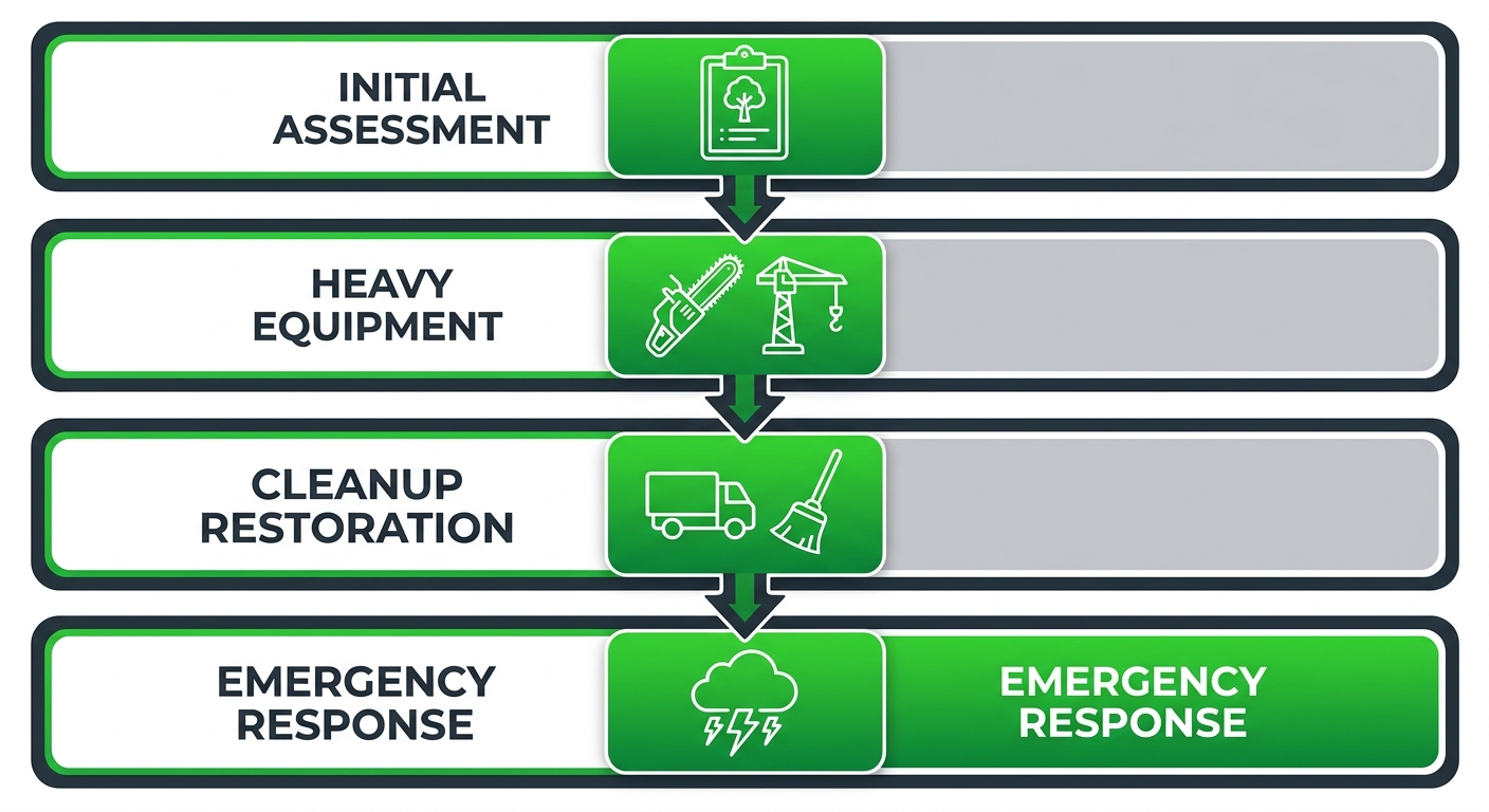 Vertical process flow diagram of four stages in professional tree removal: initial assessment, heavy equipment execution, cleanup restoration, and emergency response.