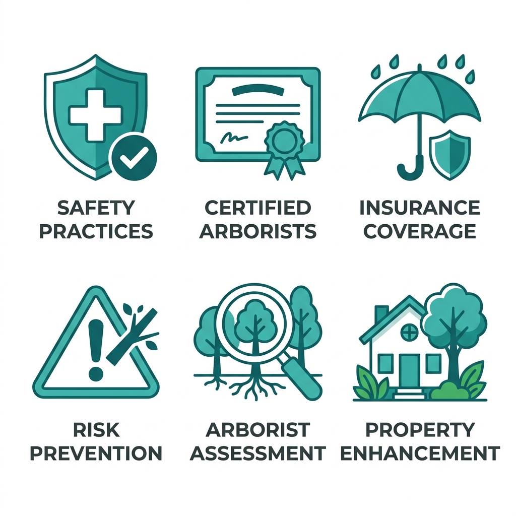 Grid of 6 icons illustrating benefits of professional tree removal: safety shield, certified arborist certificate, insurance umbrella, risk warning, expert assessment magnifier, property house enhancement.