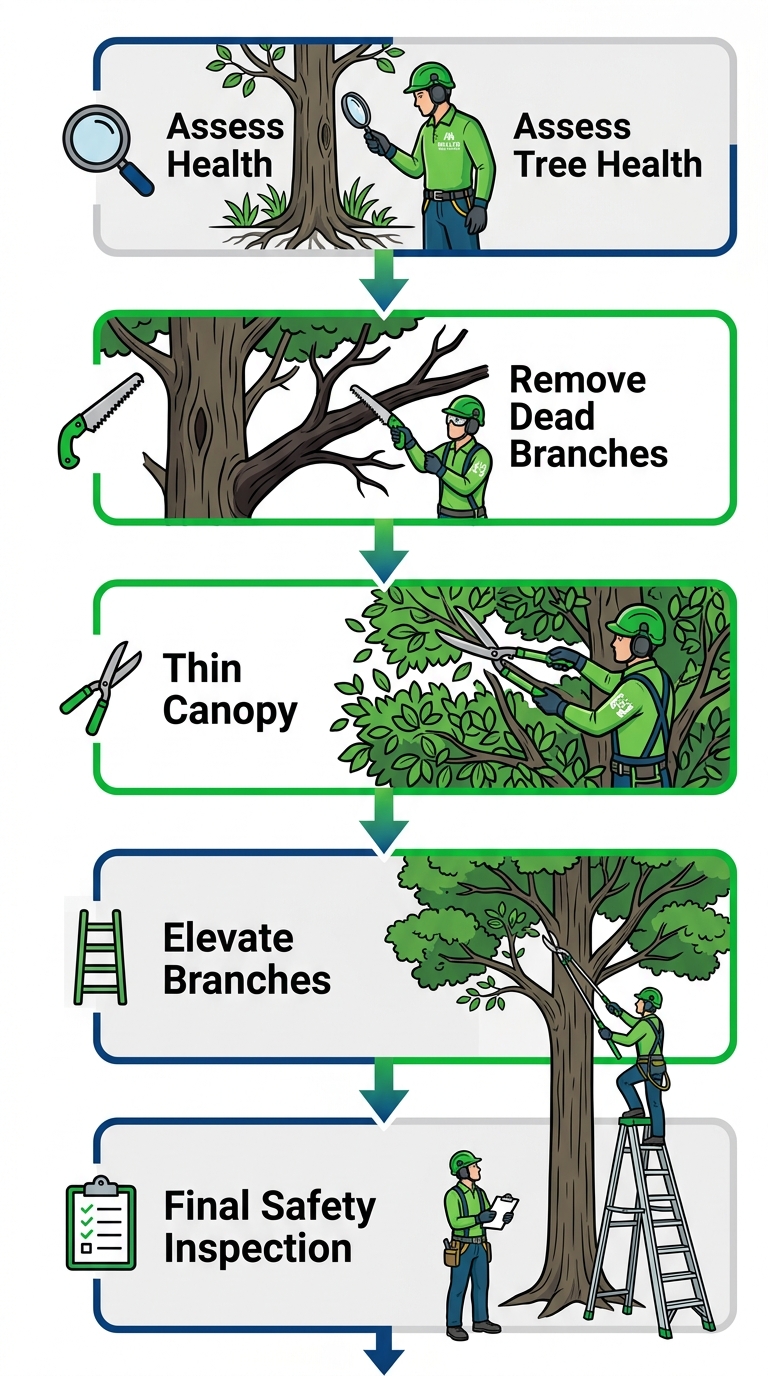 Vertical process flow diagram showing five steps of professional tree pruning with icons, labels, and safety elements