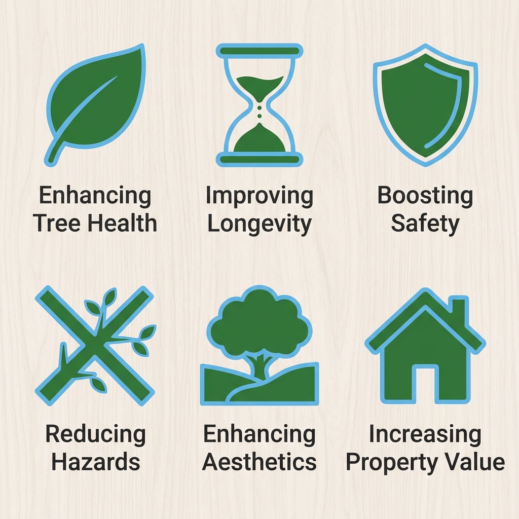 Square grid of 6 icons illustrating tree pruning benefits: health, longevity, safety, hazard reduction, aesthetics, and property value.