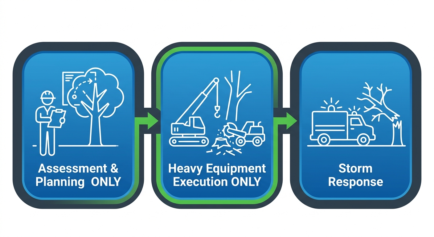 Horizontal process flow diagram of tree removal stages: assessment, execution with heavy equipment, and storm response for Miller Tree Service in Minden.
