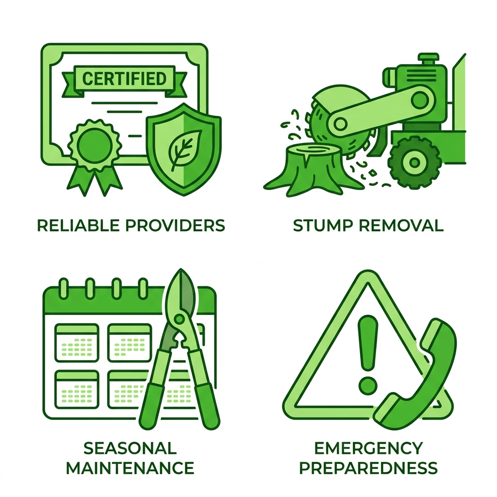 2x2 grid of flat outline icons depicting tree care best practices: reliable providers with certificate and shield, stump grinder removal, seasonal calendar maintenance, emergency warning preparedness.