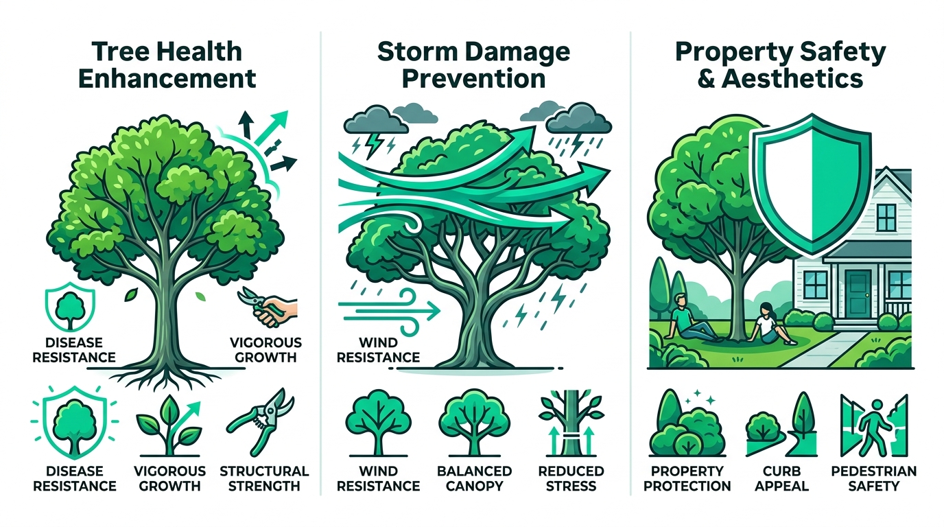 Infographic of three key benefits of professional tree trimming: health, storm prevention, and property safety.