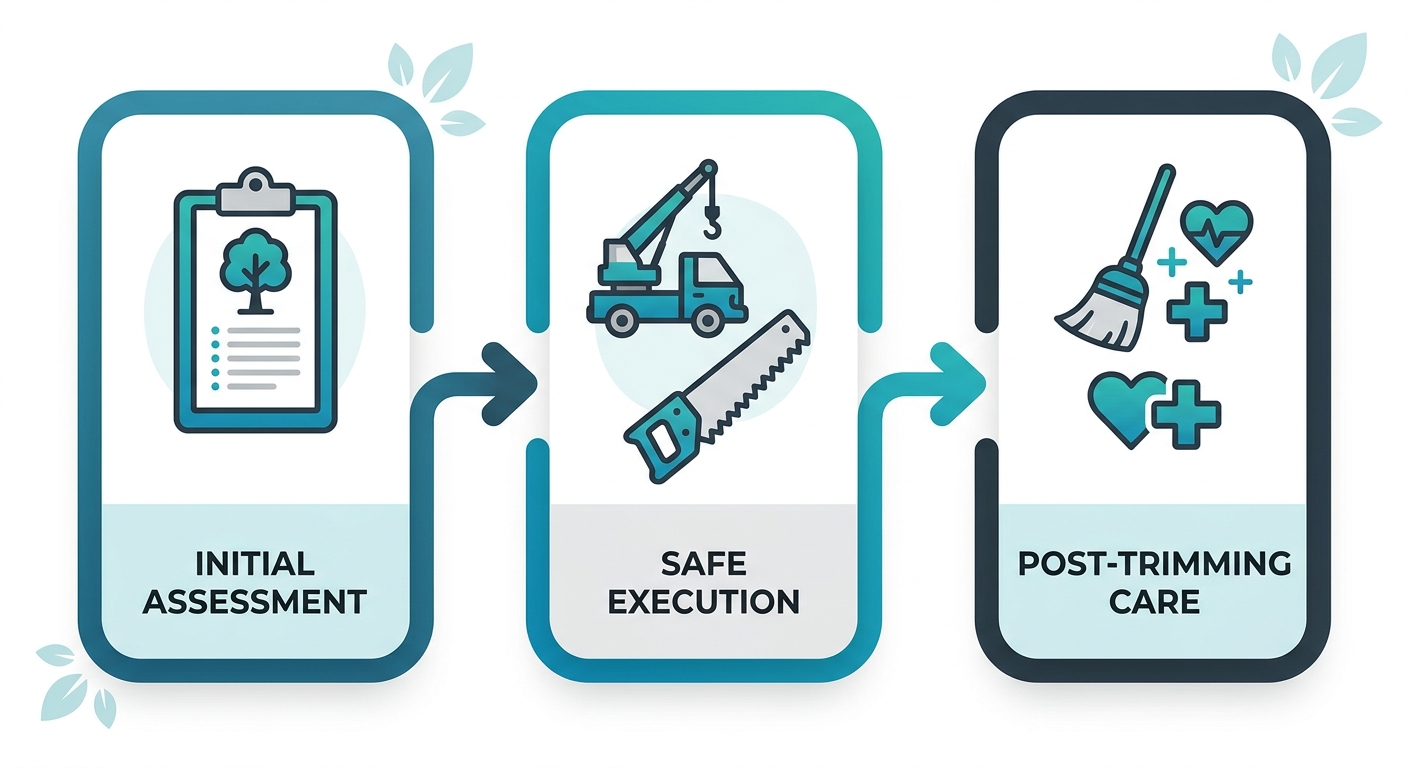 Horizontal process flow diagram of professional tree trimming stages: assessment, execution, and follow-up care in Minden, Louisiana