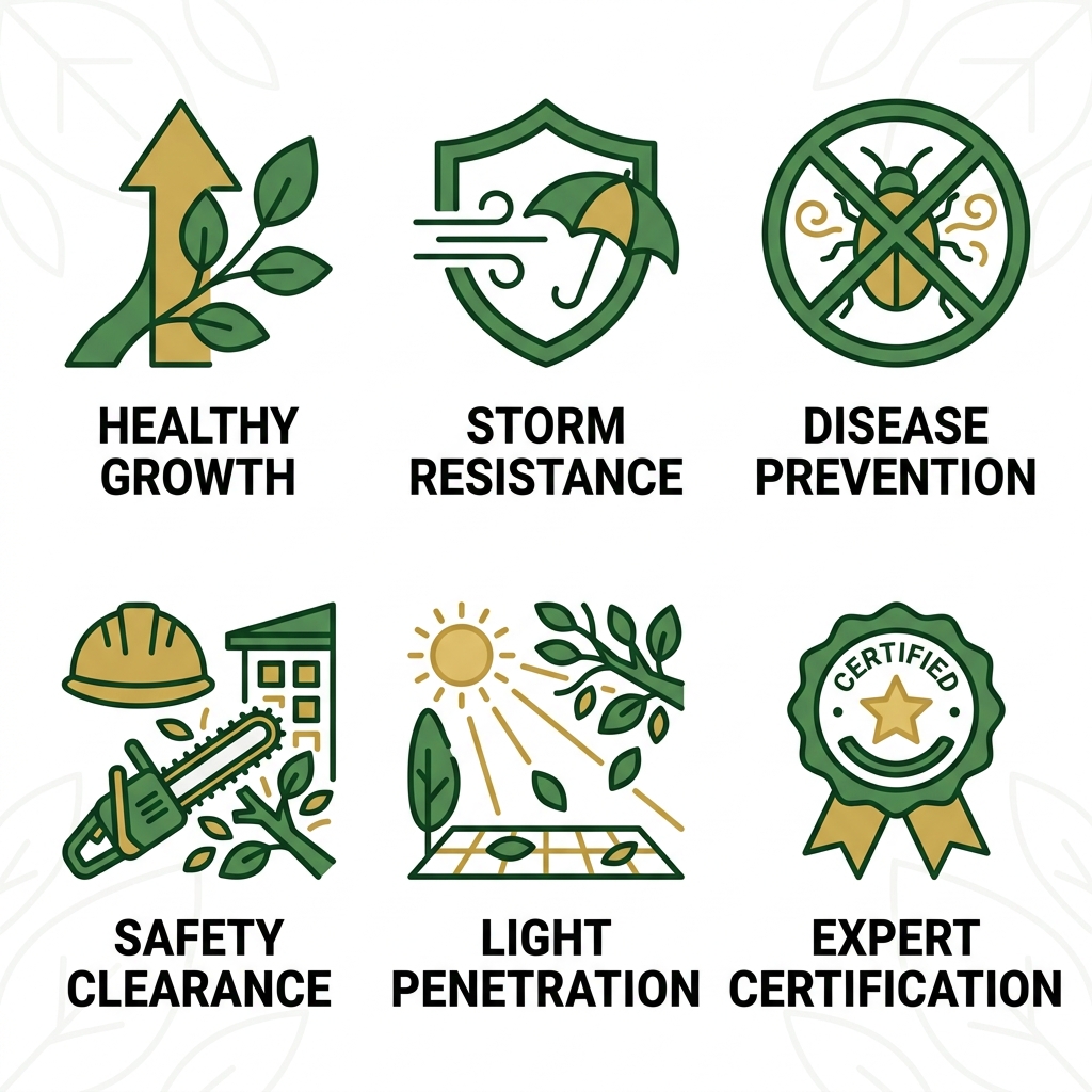 Square grid of six icons illustrating benefits of professional tree pruning: healthy growth, storm resistance, disease prevention, safety clearance, light penetration, and expert certification.