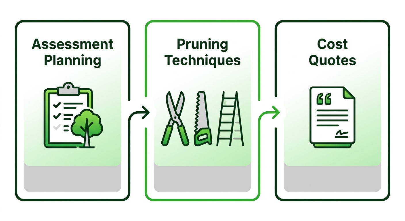 Horizontal process flow diagram illustrating three stages of professional tree pruning: assessment and planning, pruning execution, and cost quotes.