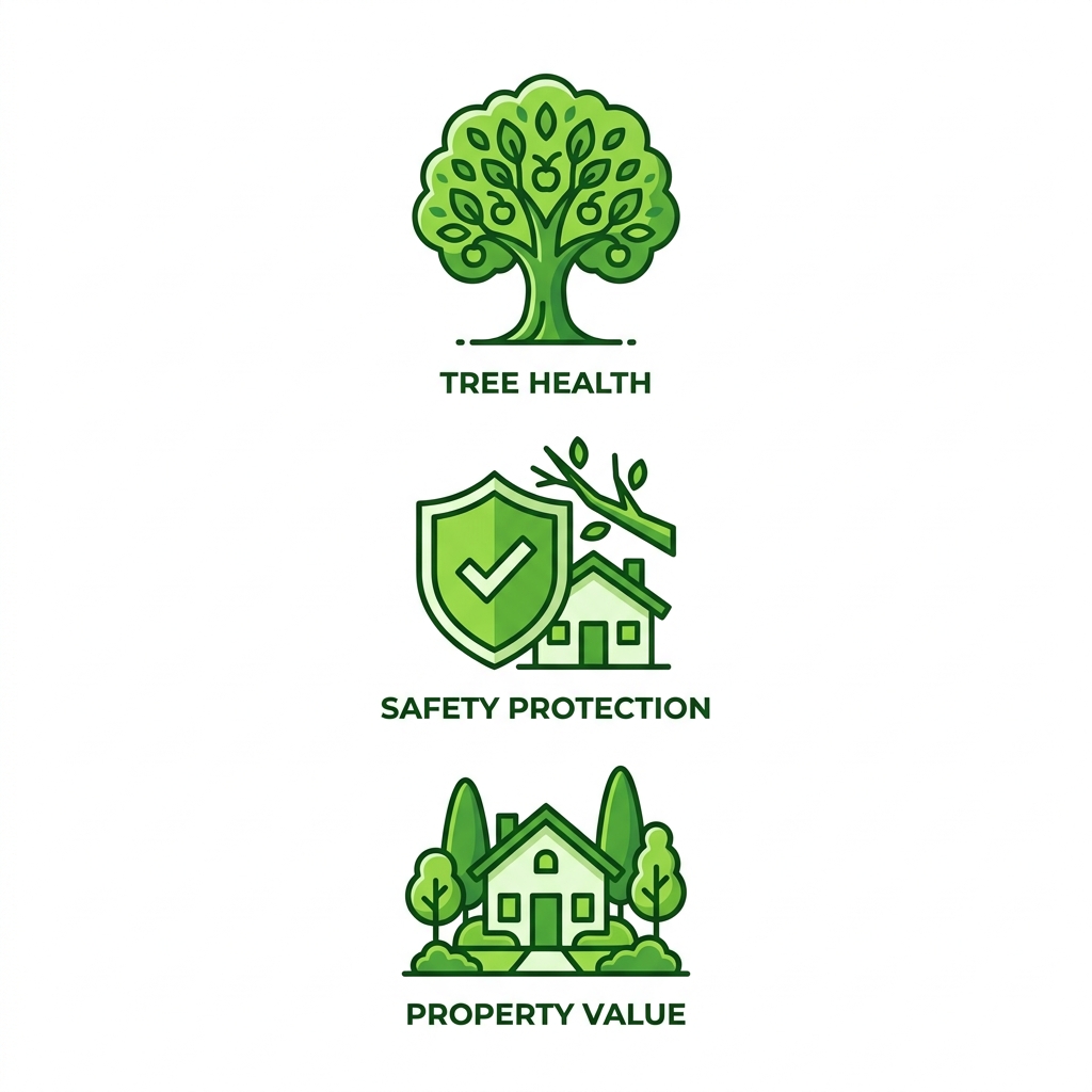 Square grid of icons showing arborist benefits: tree health, safety protection, and property value enhancement