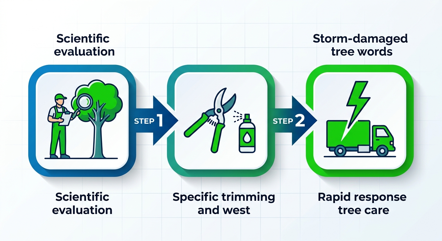 Horizontal process flow diagram of three arborist service stages: initial assessment, pruning techniques, and storm response with icons and arrows