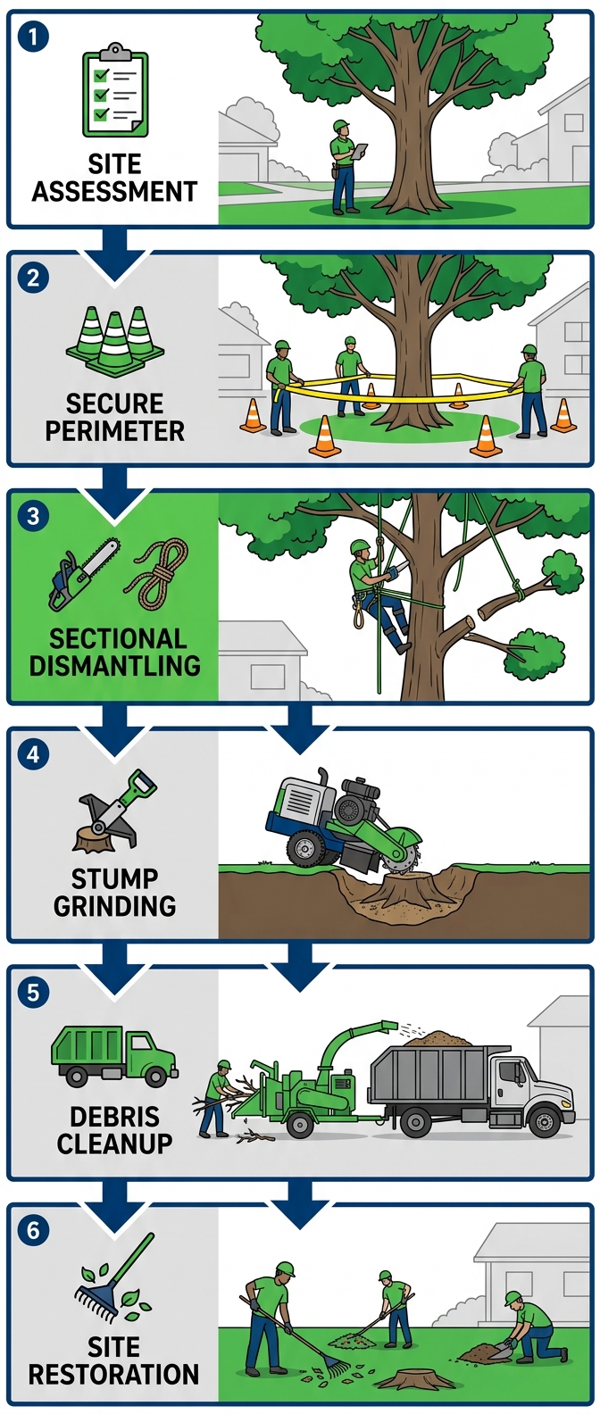 Vertical process flow diagram of six stages in professional tree removal service: site assessment, secure perimeter, sectional dismantling, stump grinding, debris cleanup, site restoration.